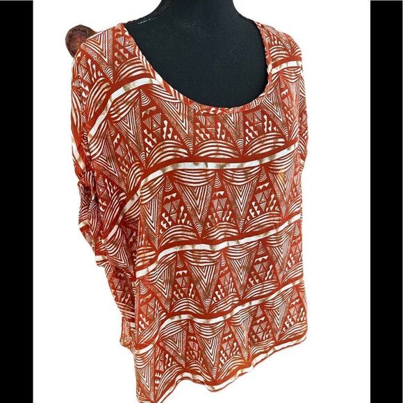 Final Touch abstract print rust/tan/white semi sheer relaxed fit top size S - Picture 4 of 5